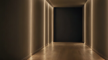 a dimly lit hallway with a wooden floor and a black wall