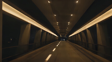 a walkway with lights and a long walkway leading to a tunnel