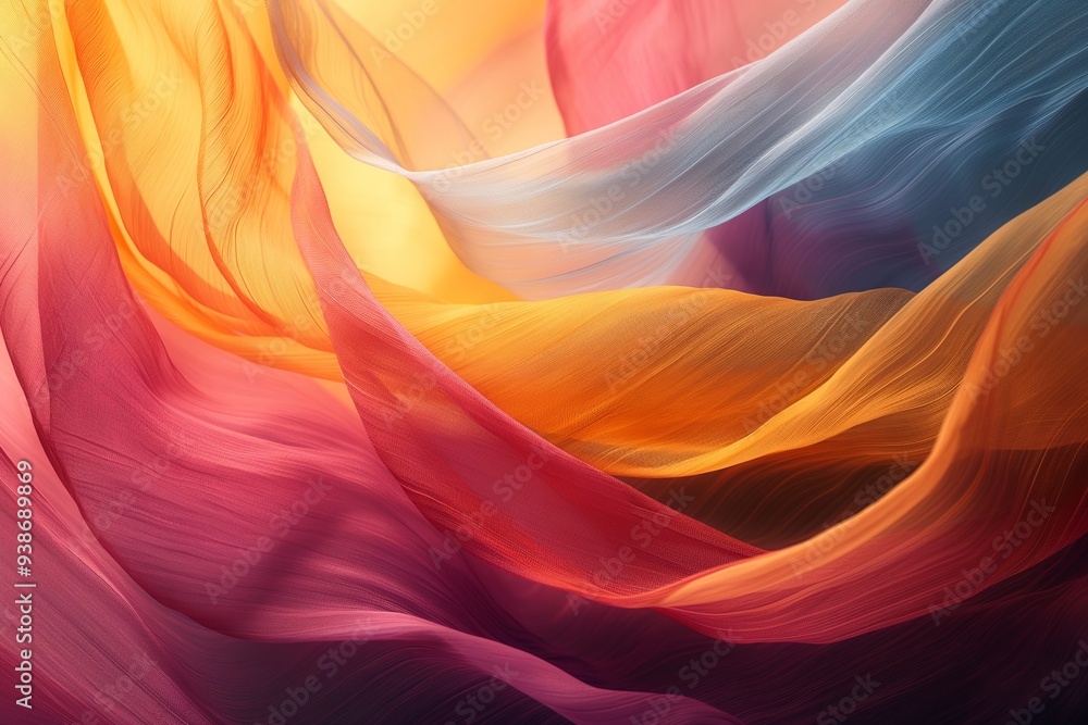 Poster colorful transparent fabric flowing creating abstract shapes