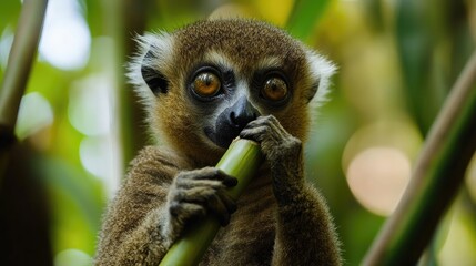 Obraz premium A Close-Up of a Brown Lemur Holding a Green Branch