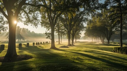 Obraz premium A serene park scene with sunbeams peeking through the trees, casting long shadows on the mist-covered grass, invoking a peaceful, fresh morning