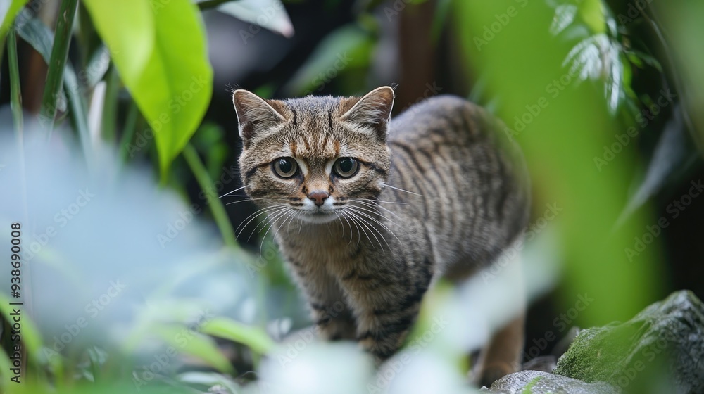 Wall mural A Rusty-Spotted Cat Peeking Through Lush Green Foliage