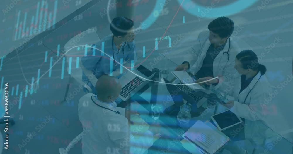 Poster doctors in meeting with financial data processing animation over them
