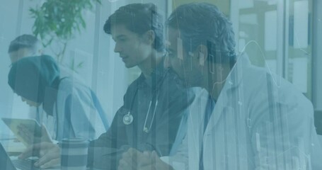 Discussing medical data, doctors analyzing financial chart animation in meeting - Powered by Adobe