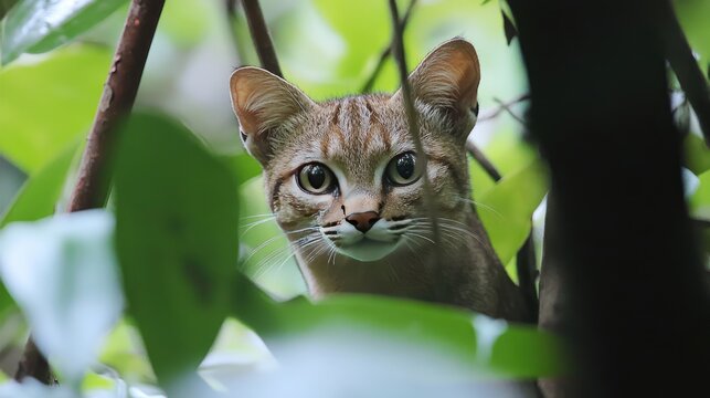 A Close-Up of a Rusty-Spotted Cat's Face Hidden in Foliage