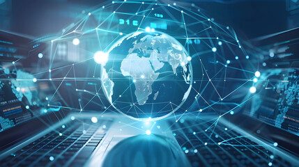 Fototapeta premium global connectivity through a network of laptops, each linked to a central globe