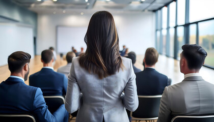 Fototapeta premium Businesswoman facing a group of entrepreneurs