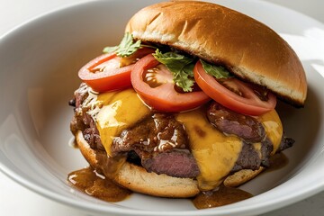 An appetizing, mouthwatering image of a juicy hamburger on a pristine white background