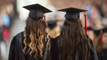 group of students in graduation cap, two female graduates standing side by side