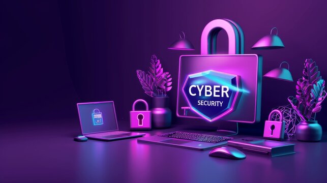 A vivid purple setup featuring multiple devices displaying cybersecurity theme with prominent lock symbols and cyber text
