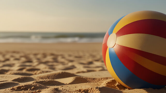 A colorful beach ball with alternating red, yellow, and blue stripes, set on a sandy beige background, icon style.