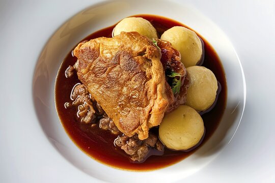 A delectable plate of fried meat roulette, accompanied by round, golden potato balls