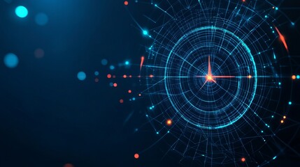 Abstract image of a Target. Vector business concept. With dark blue background. Low poly wireframe with lines, dots and glowing particles