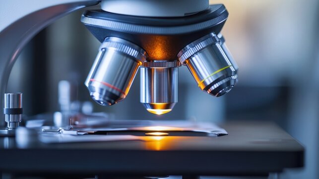Close-up of a microscope in a laboratory setting, highlighting lenses and light source for scientific research and medical analysis.