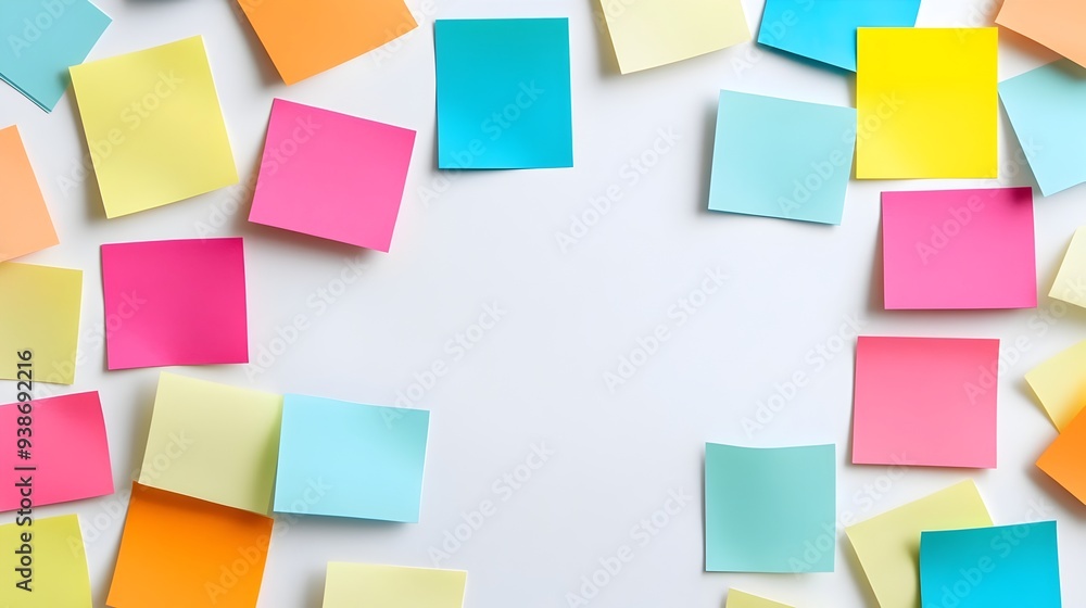 Poster a photograph of a group of colorful sticky notes arranged in a grid pattern isolated on a plain whit