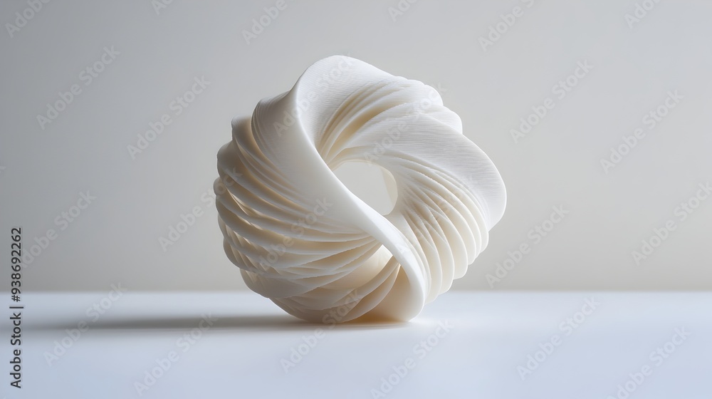 Poster Futuristic 3D printed model of a unique innovative object isolated against a neutral background with ample copyspace available on the right side for additional text or graphics