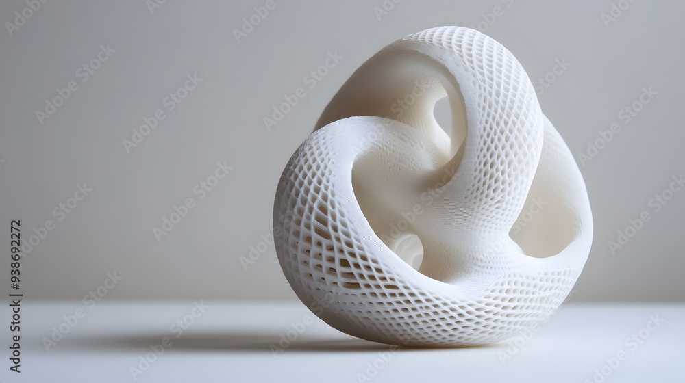 Poster striking 3d printed model of a futuristic minimalist object isolated against a clean neutral backgro