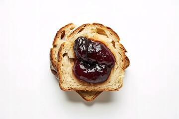 A delectable food photography of a freshly sliced piece of bread drizzled with plum jam