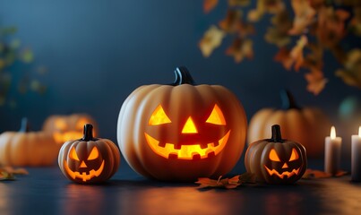 Fototapeta premium Glowing Jack-O'-Lantern Pumpkins in a Dark Spooky Setting with Candlelight for Halloween Celebration with Autumn Leaves and Festive Decorations to Create a Perfect Holiday Atmosphere