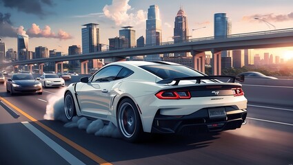 High resolution digital artwork depicting a white sports car speeding down a city highway. Ai generated.