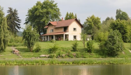 Fototapeta premium Tranquil lakeside retreat with rustic charm