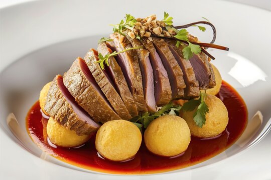 a beautifully baked sliced meat with potato balls