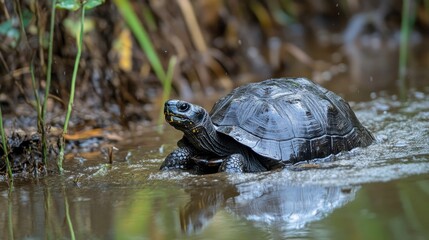 Obraz premium Black River Turtle in a Shallow Stream