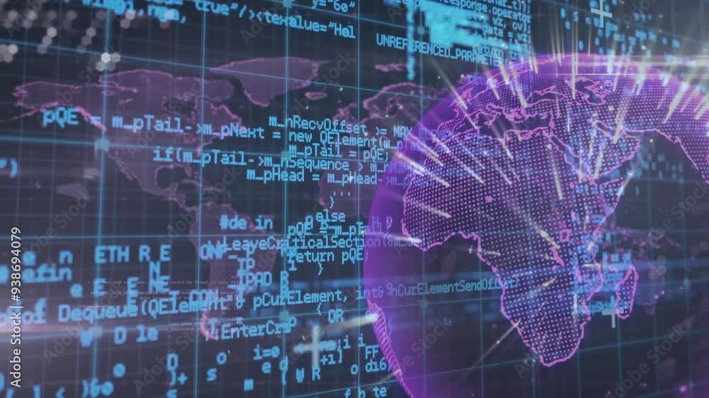 Poster digital world map and coding animation over global network connections