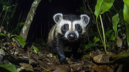 Obraz premium A Close-Up of a Javan Ferret Badger in the Forest at Night