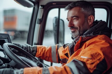 Obraz premium A commercial truck driver in his 40s, preparing his rig for a long-haul journey