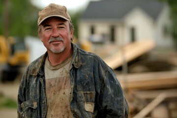Fototapeta premium Portrait of a skilled construction worker, wearing a worn-out t-shirt, durable work pants, and a slightly dirty heavy-duty jacket.