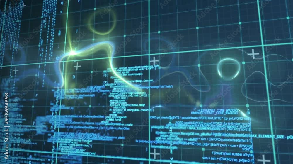 Poster programming code and data visualization animating over grid background