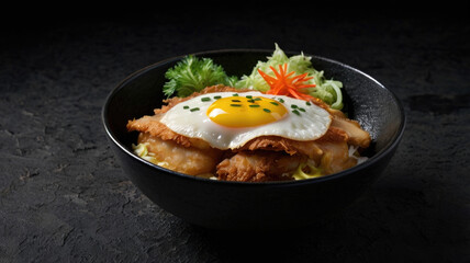 Japanese food, catsudon with fried egg in black bowl