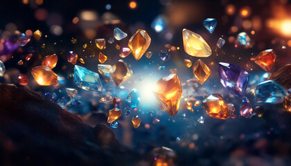 Small precious stones of blue, green, red, yellow, orange and purple, shining