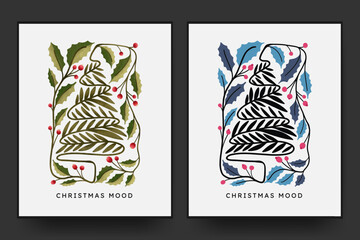 Christmas tree abstract floral matisse minimal style. hand drawn flat and textured design art set for wall decor, post card, poster, cover.