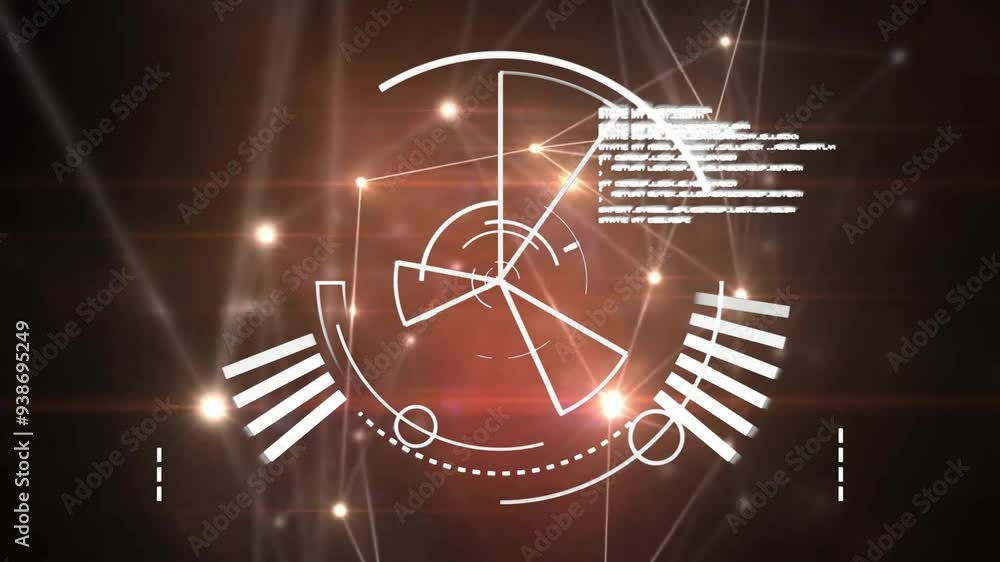 Poster animating geometric shapes and data processing over dark background with light flares