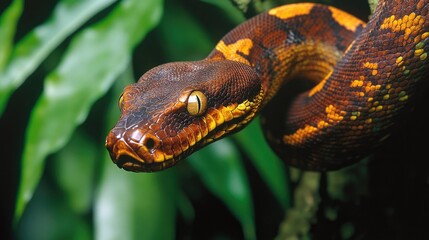 Obraz premium A Close-Up of a Brown and Yellow Snake with a Golden Eye