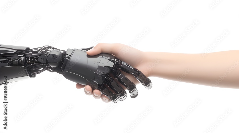 Poster a photograph of a robotic hand shaking hands with a human hand isolated on a white background with a