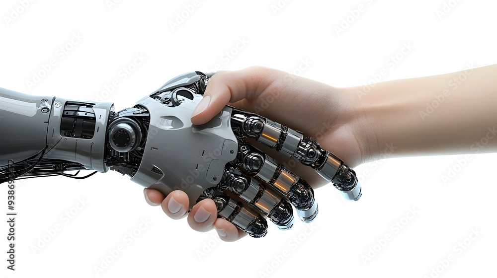 Poster robotic and human hands shaking on a white background symbolizing the partnership and between intell