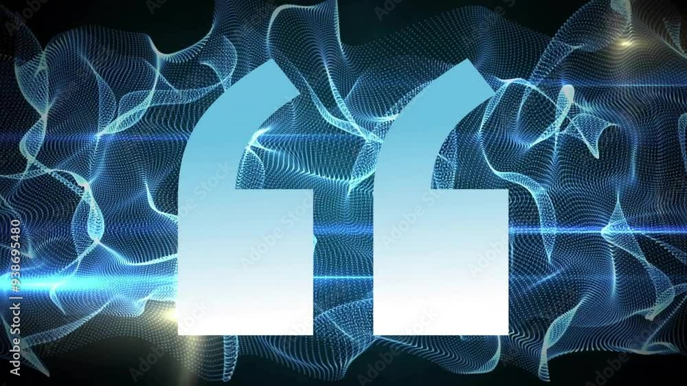Poster animating quotation marks over blue abstract waveforms