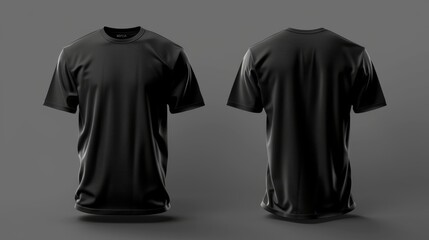 Two black sports t-shirts presented in a front and back view on a neutral gray background, suitable for mockup designs