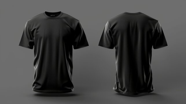 Two black sports t-shirts presented in a front and back view on a neutral gray background, suitable for mockup designs