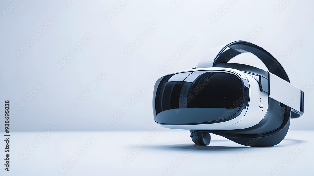 Poster photograph of a virtual reality headset placed on a simple white table against a plain white backgro