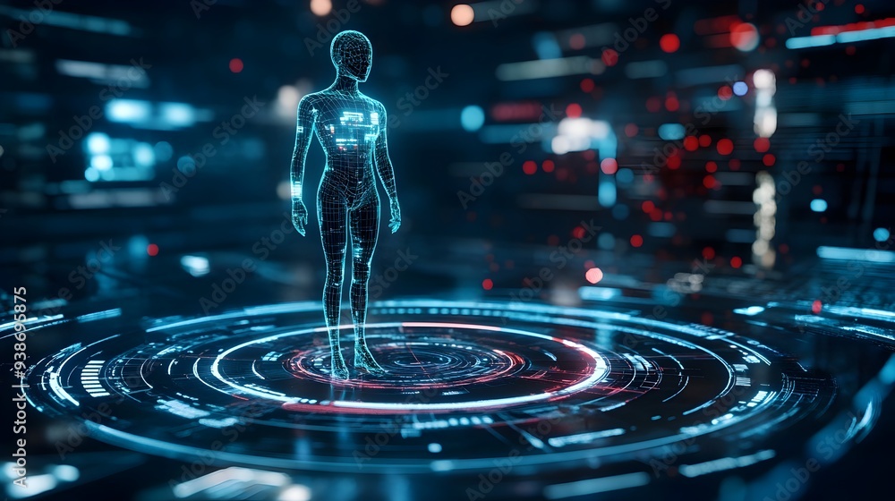Poster futuristic digital interface displaying a highly detailed 3d virtual twin model for advanced data vi