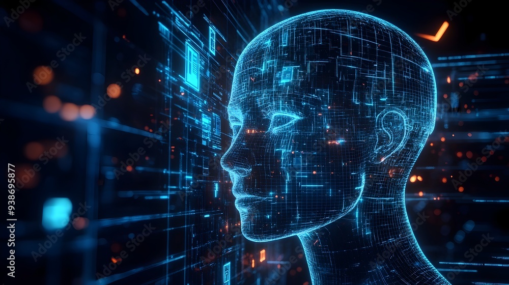 Poster futuristic digital interface displaying a 3d virtual twin model for advanced visualization data anal