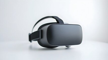 Minimalist closeup view of an isolated virtual reality headset placed on a white background with ample empty space on the right side of the frame for additional text or design elements
