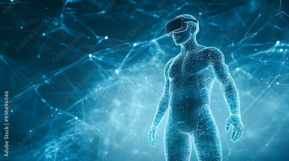 Poster a digitized human model depicted in a virtual reality environment showcasing a futuristic and innova