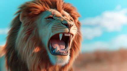 A 3D effect of a lion roaring out of the image, with mane and teeth in focus, 3D effect, lion, wildlife