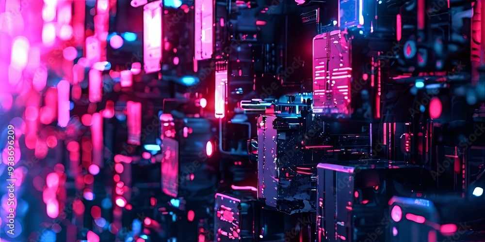 Poster A computer generated image of a cityscape with neon lights and a pink