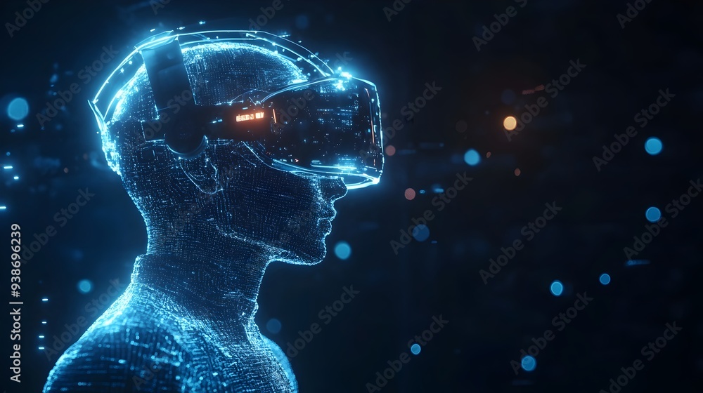 Poster futuristic digital twin model of a humanoid character in a virtual reality environment with a clean 